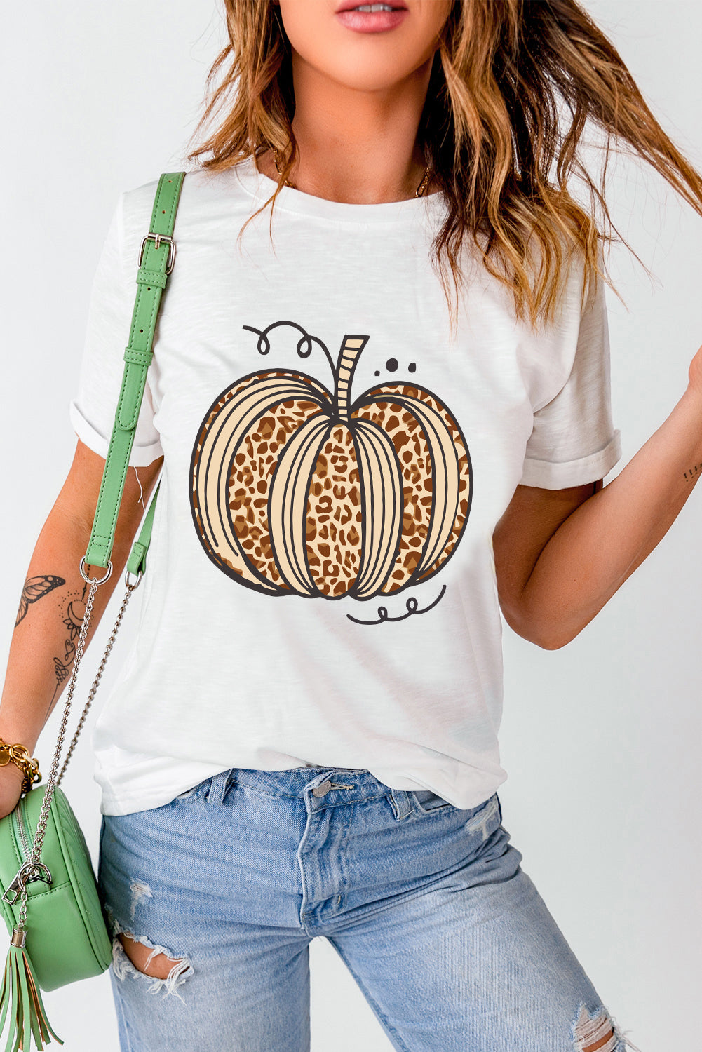 White Leopard Pumpkin Graphic Crewneck T Shirt