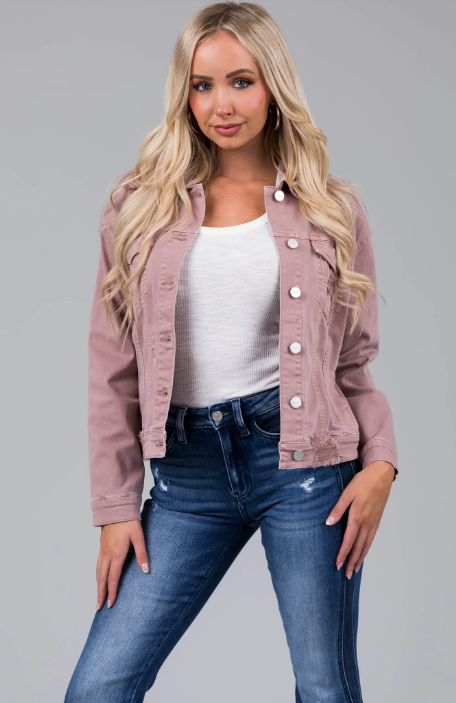 Risen Mauve Denim Distressed Button Up Jacket