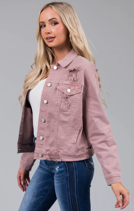 Risen Mauve Denim Distressed Button Up Jacket