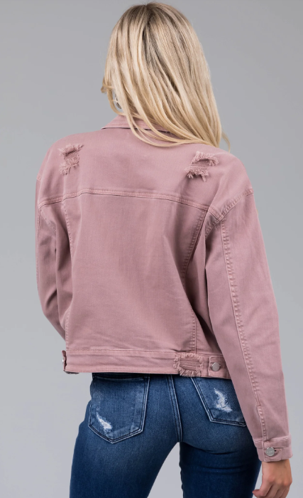 Risen Mauve Denim Distressed Button Up Jacket