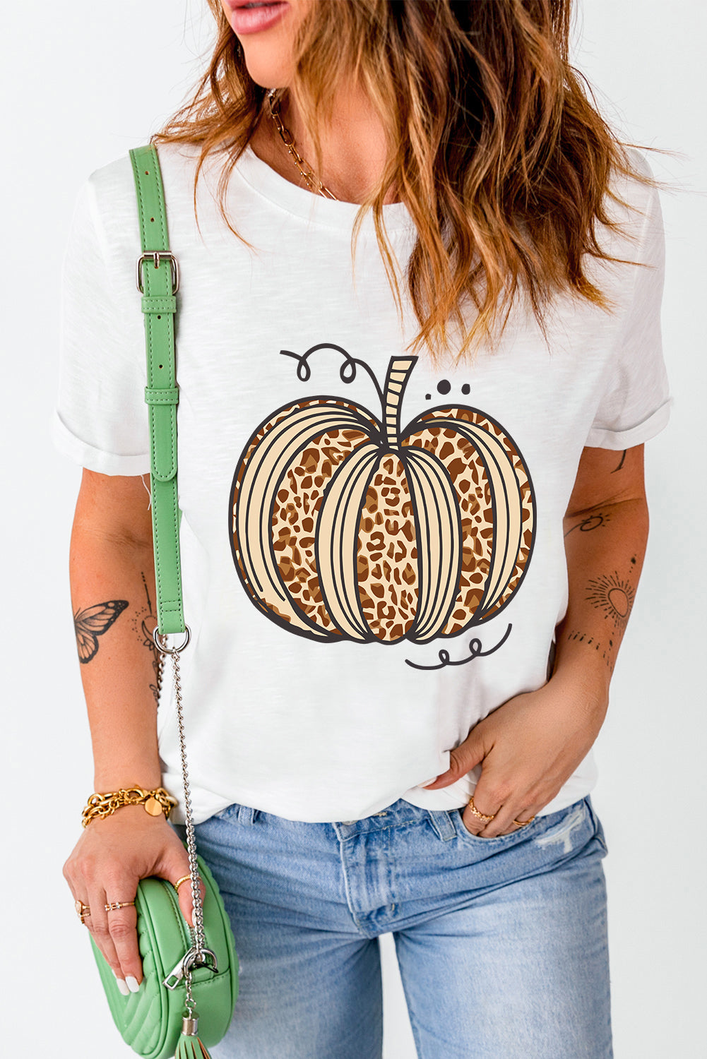 White Leopard Pumpkin Graphic Crewneck T Shirt