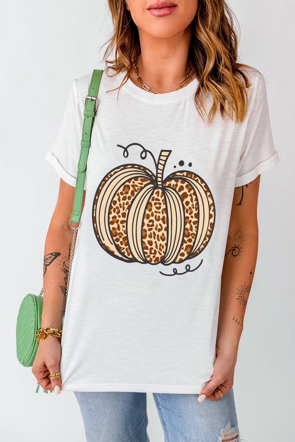 White Leopard Pumpkin Graphic Crewneck T Shirt
