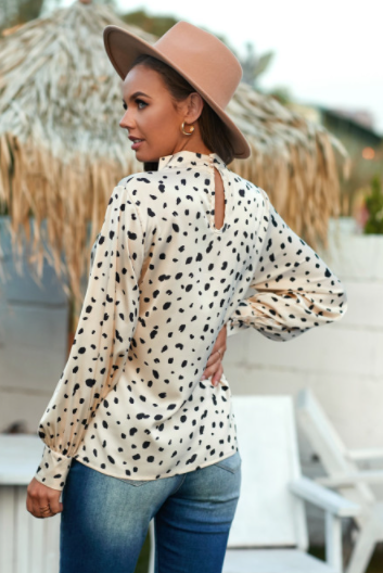 Beige Mock Neck Lantern Sleeve Fashion Print Blouse