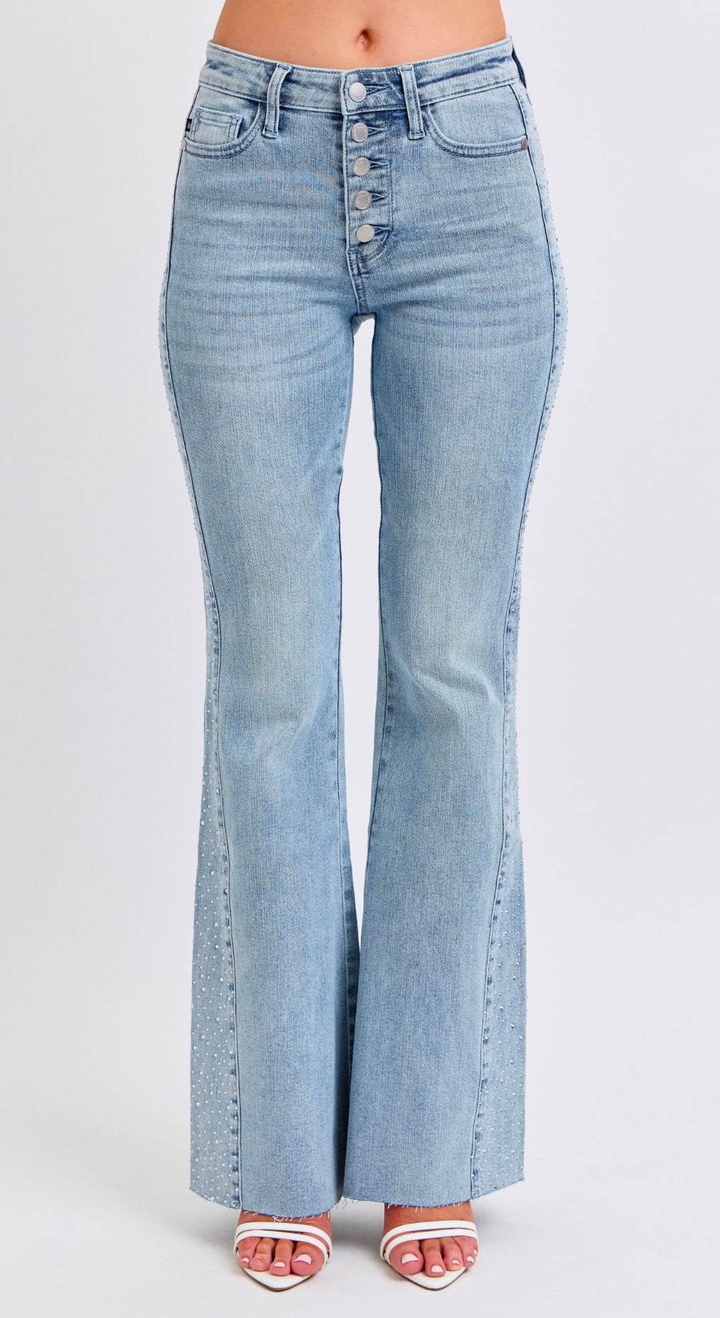Judy Blue Mid Rise Rhinestone Flare Jeans - Light