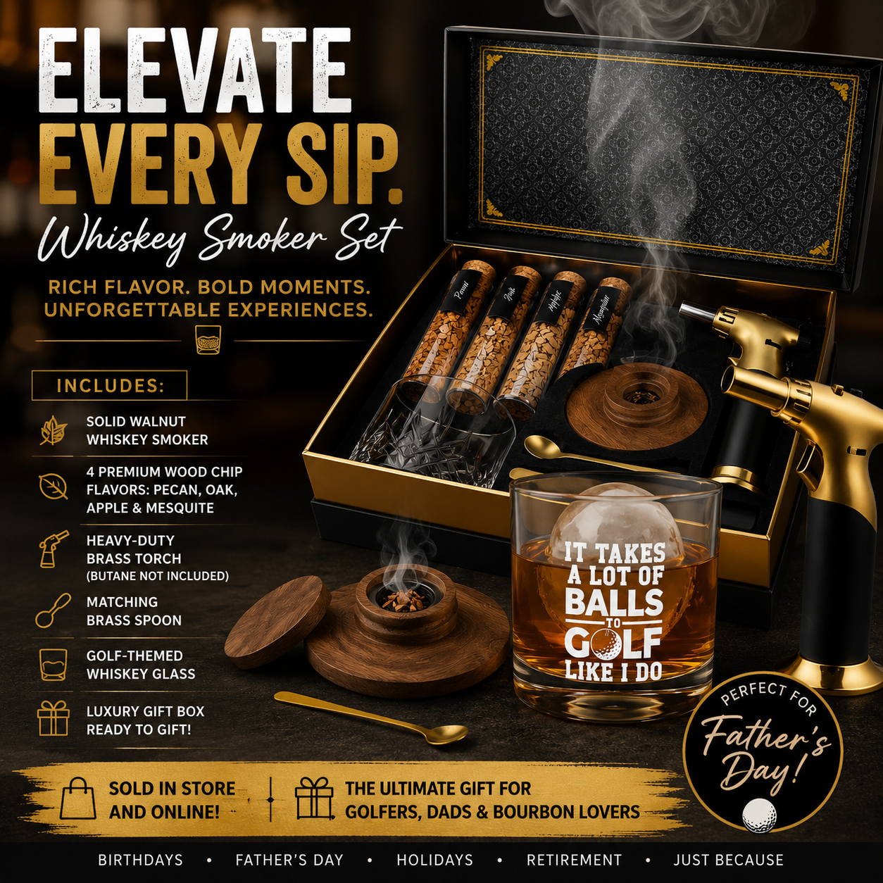 Whiskey smoker kit with torch and golf glass