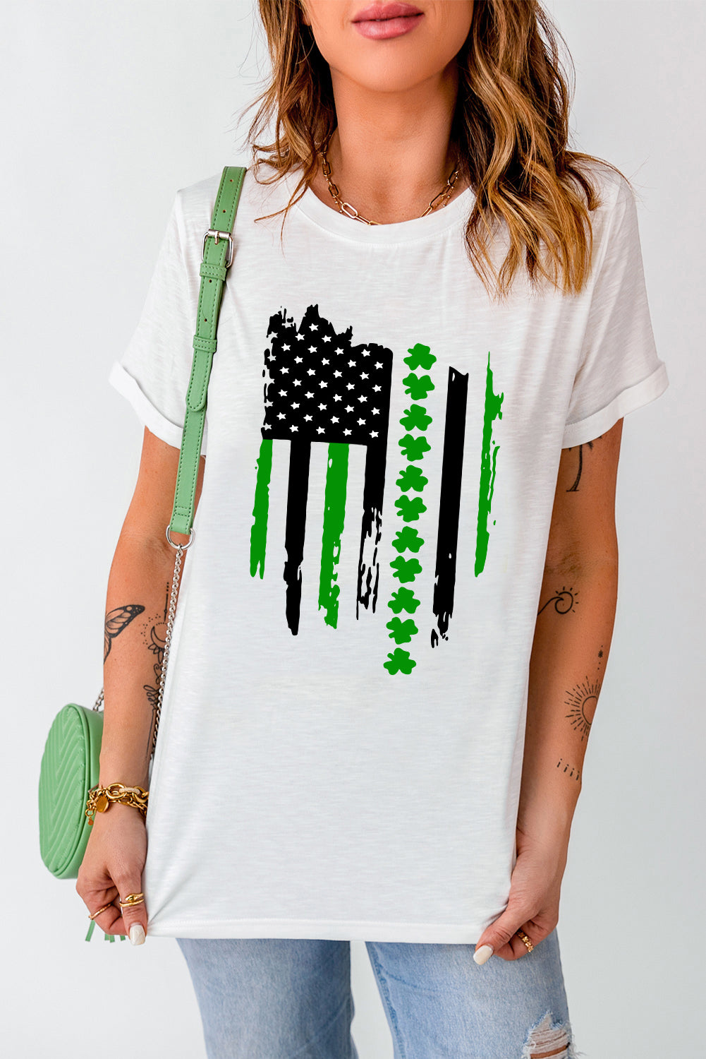White St. Patrick's Clover American Flag Print Crewneck Tee