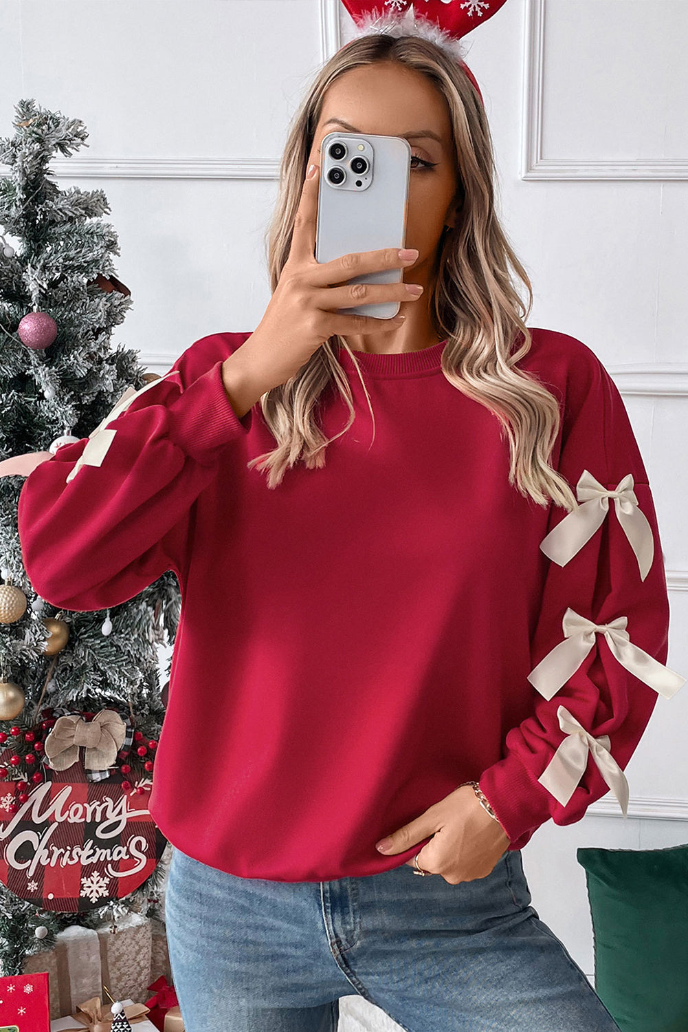 Red Bow Dropped Sleeve Crewneck