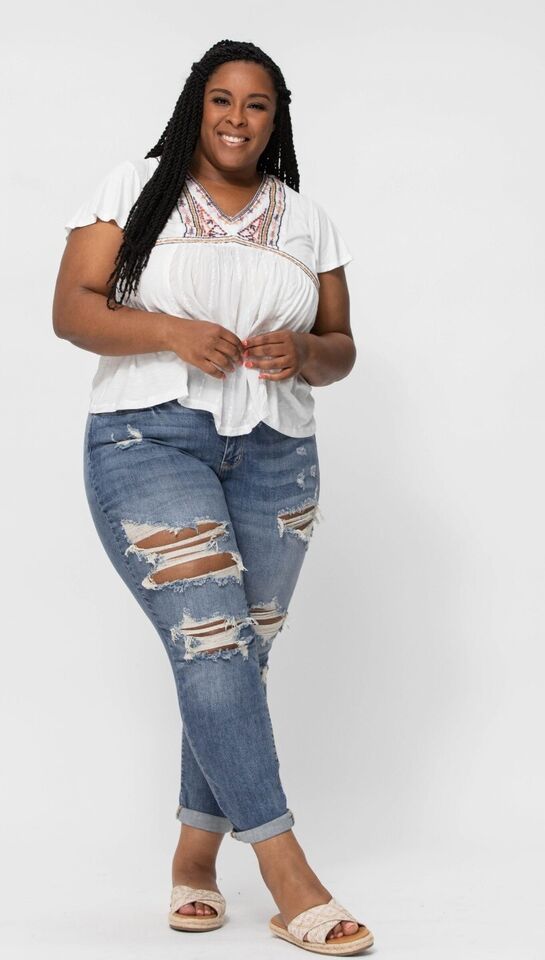 Judy Blue Mid Rise Straight Leg Distressed Jeans