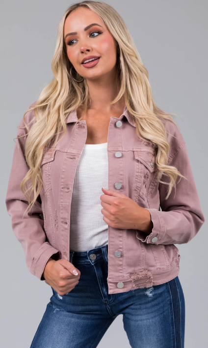 Risen Mauve Denim Distressed Button Up Jacket