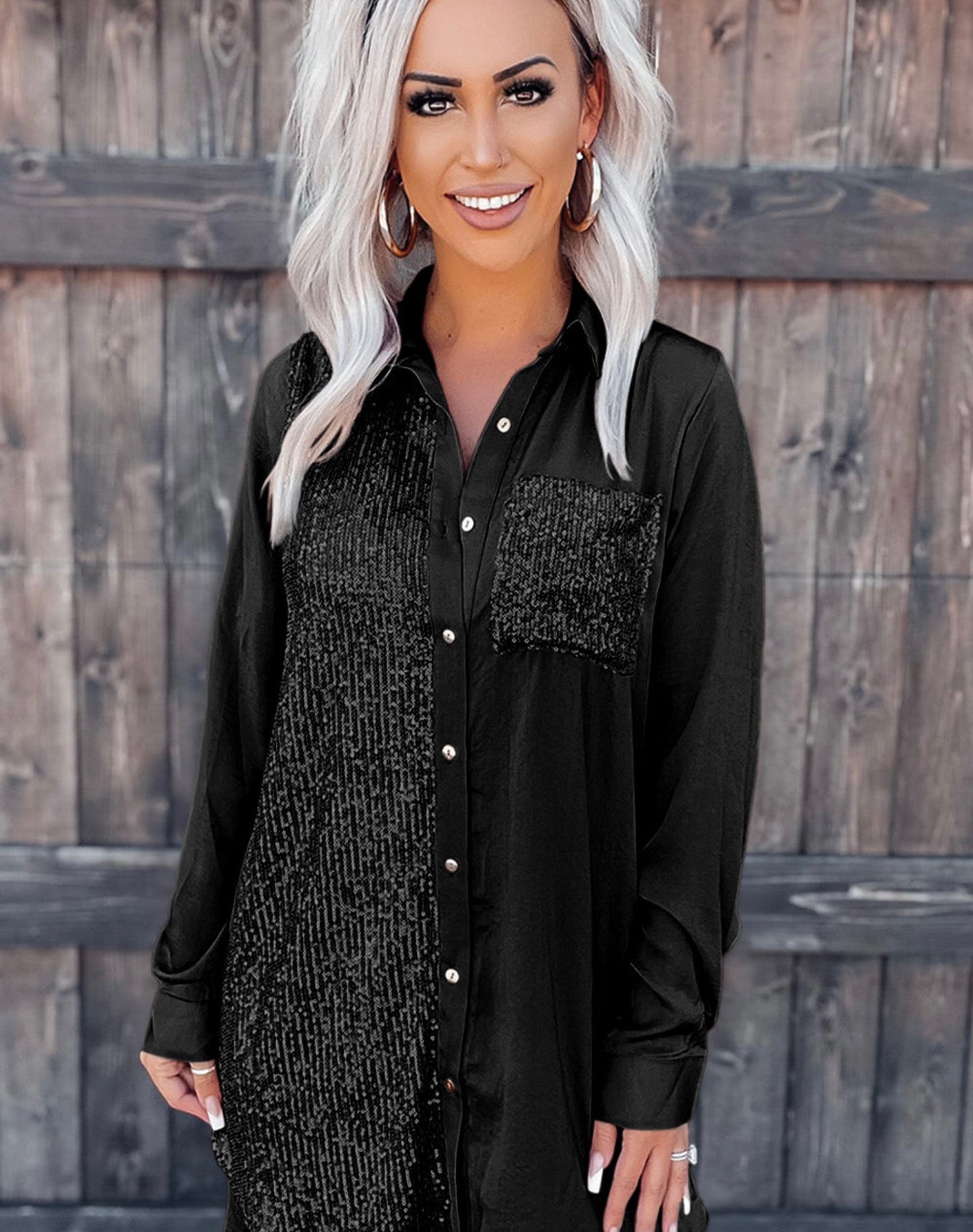 Black Sequin Splicing Shirt Dress