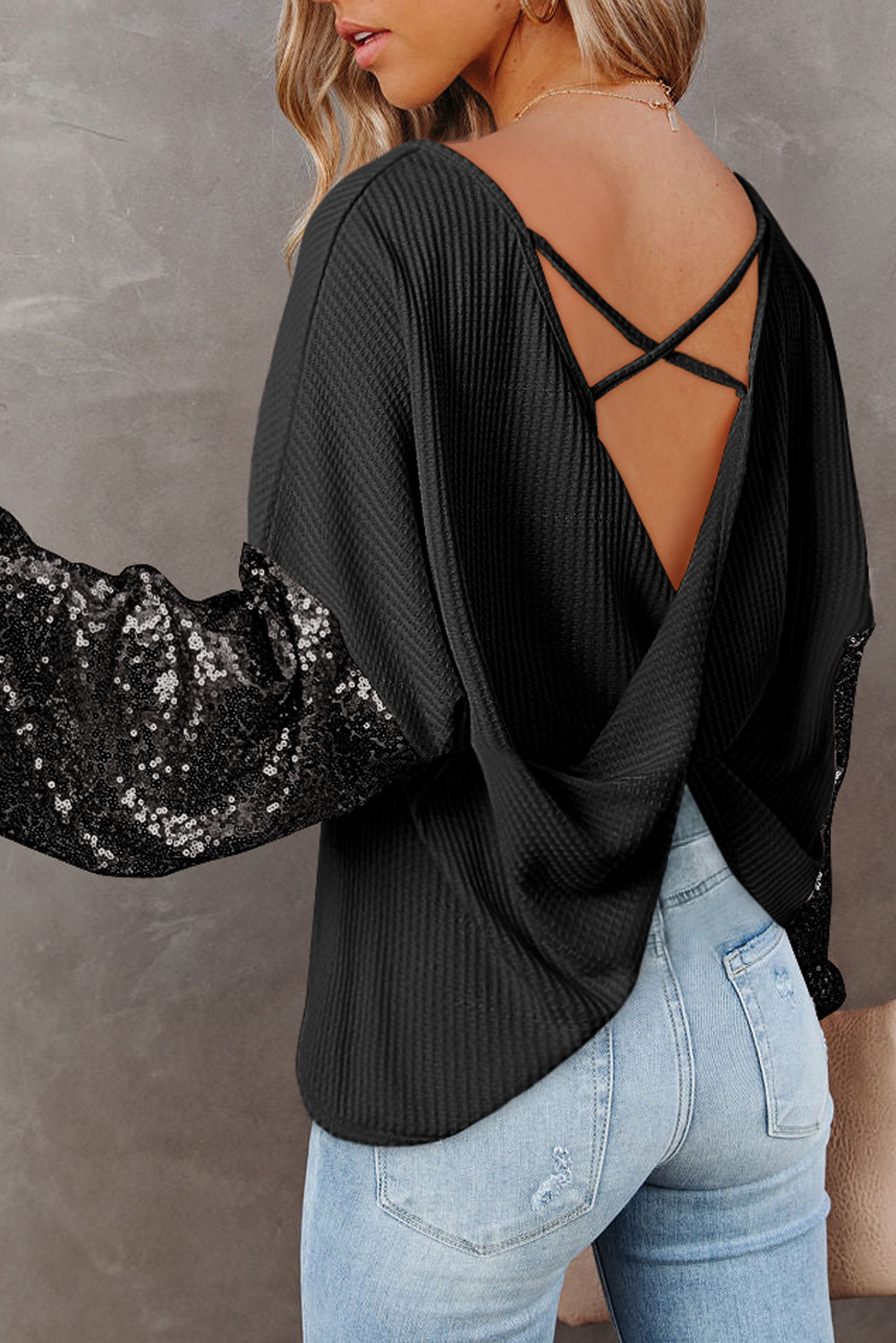 Black Sequin Patchwork Sleeve Open Back Waffle Knit Top