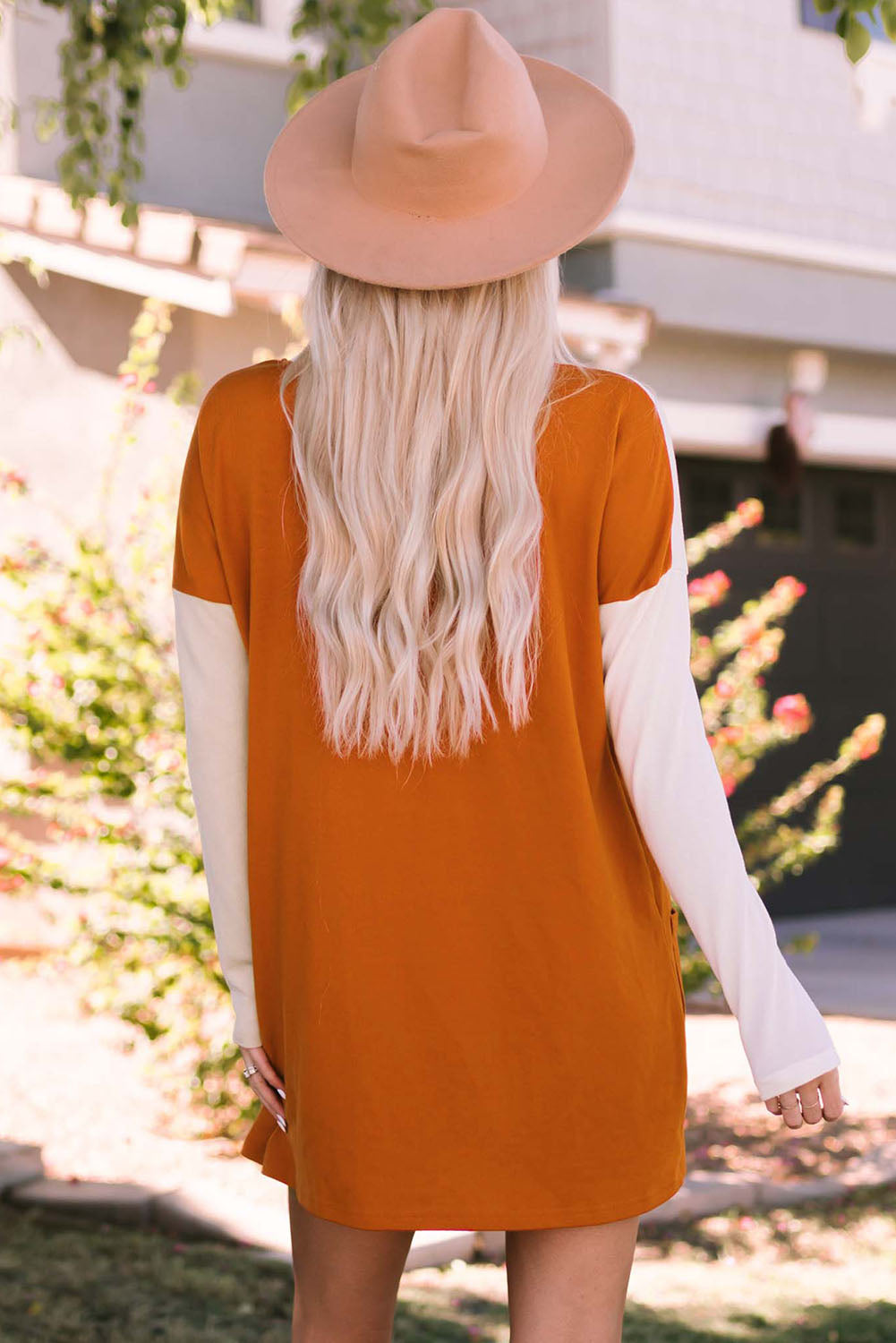 Orange Pocketed Color Block Patchwork Long Sleeve Shirt