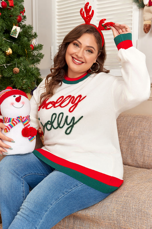 White Tinsel holly jolly Pattern Color block Edge Drop Shoulder Plus Size Sweater