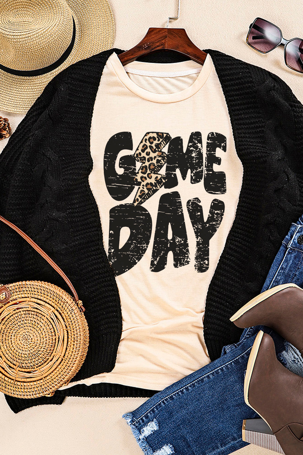 Khaki Game Day Football Season Leopard Lightning T Shirt