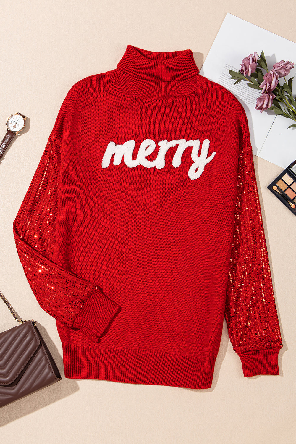 Red Merry Sequin Sleeves Christmas Turtleneck Sweater