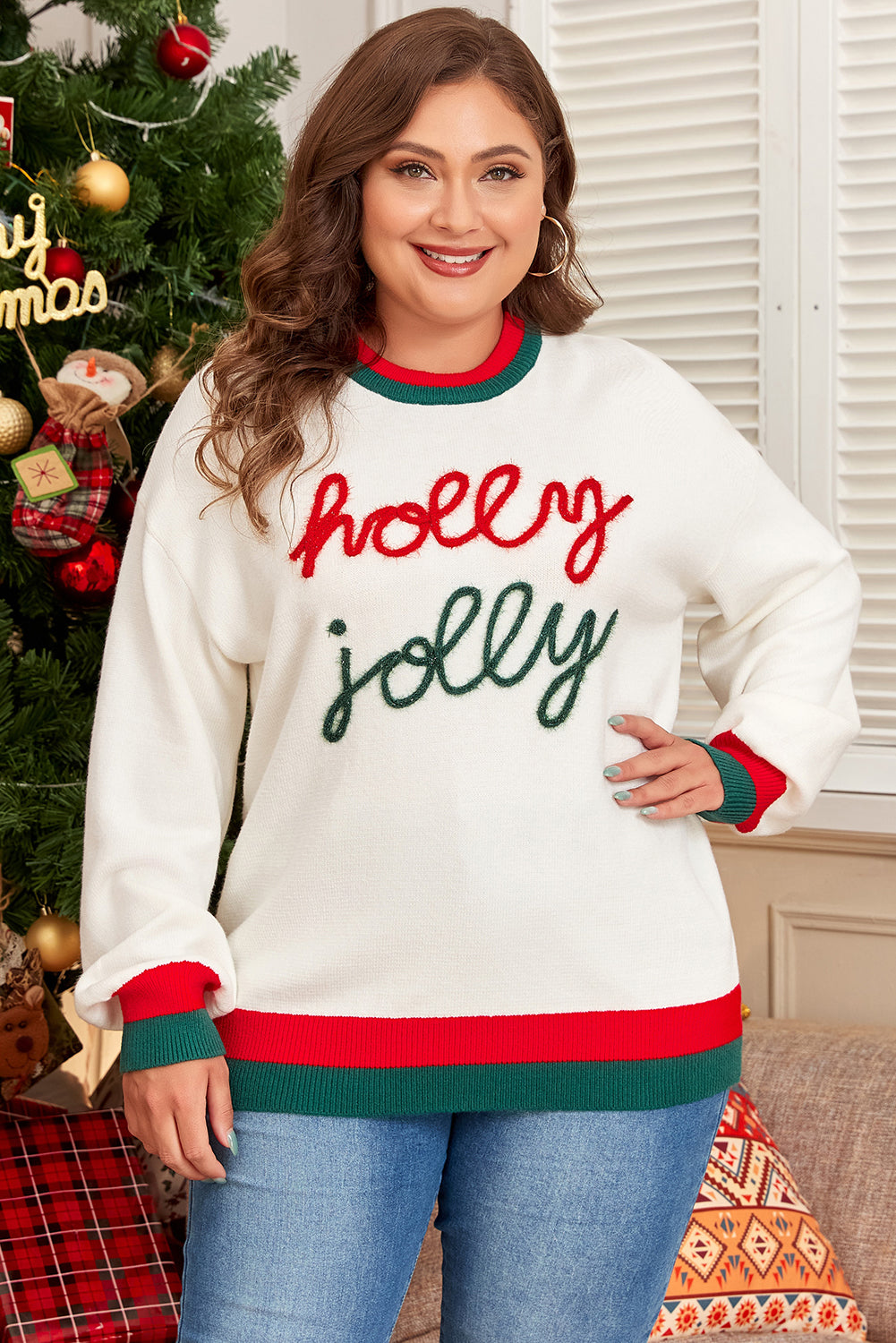 White Tinsel holly jolly Pattern Color block Edge Drop Shoulder Plus Size Sweater