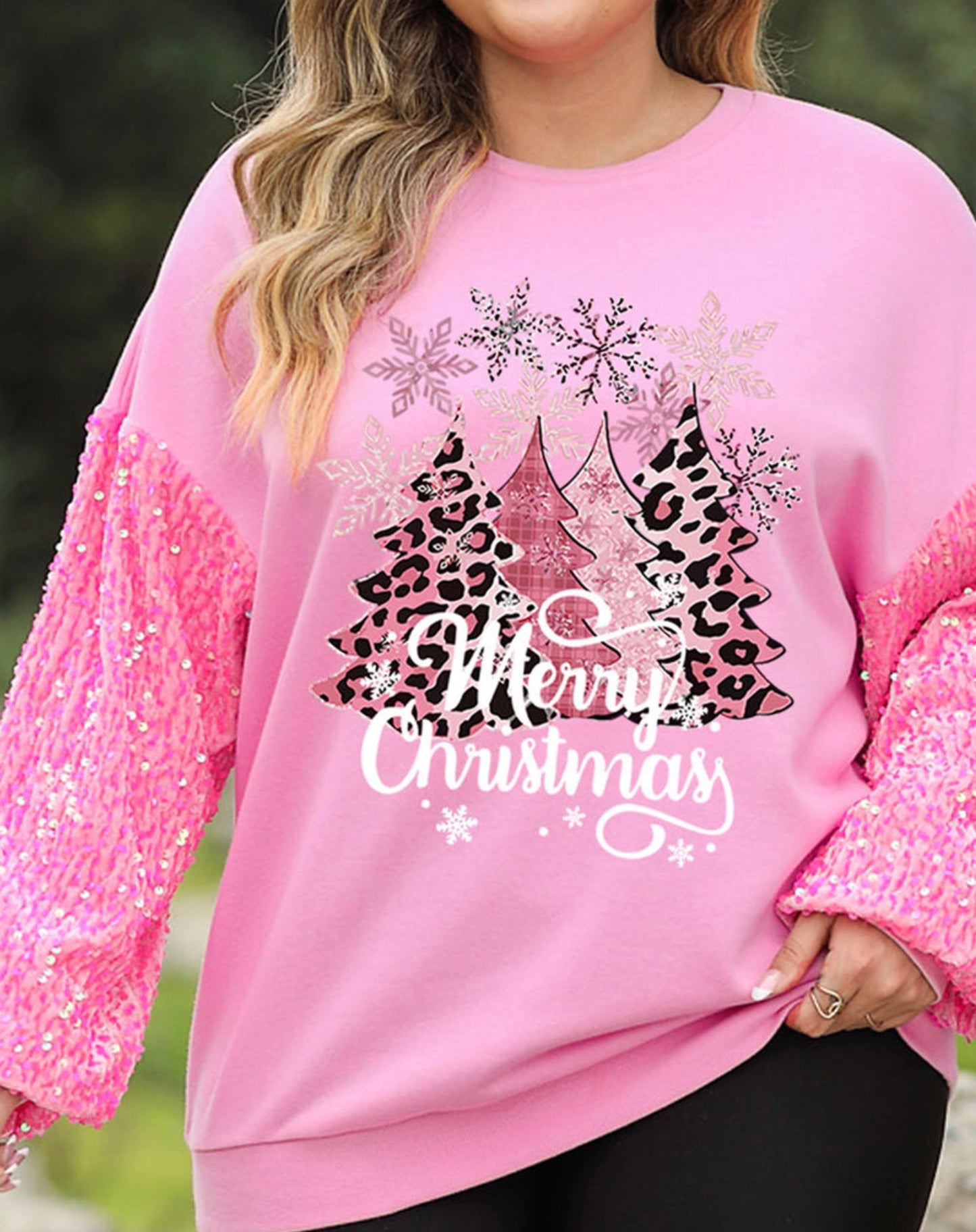 Pink Sparkle Sleeve Merry Christmas Leopard Trees