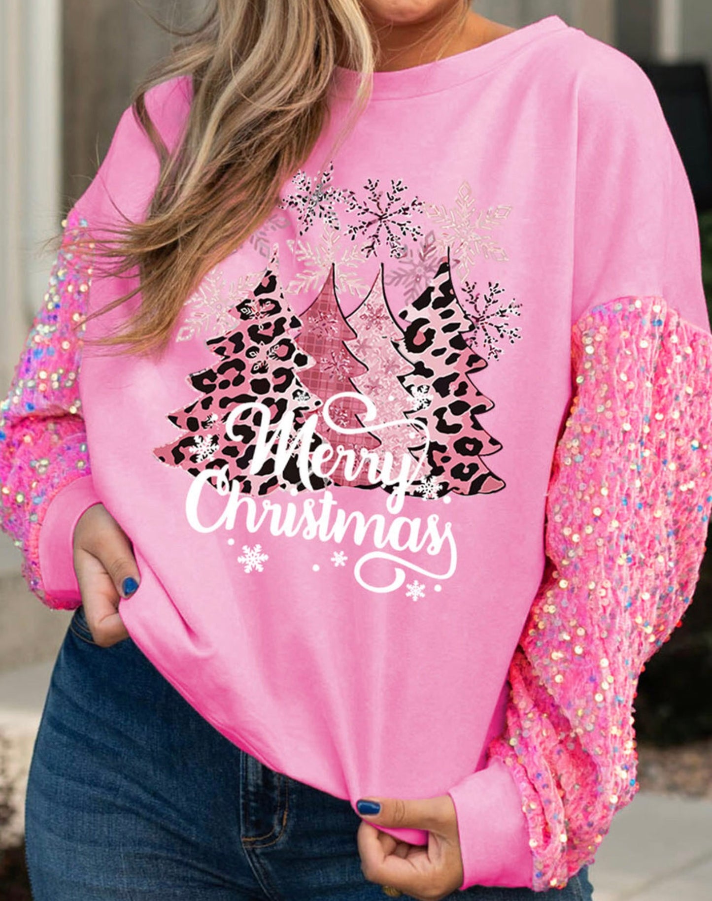 Pink Sparkle Sleeve Merry Christmas Leopard Trees