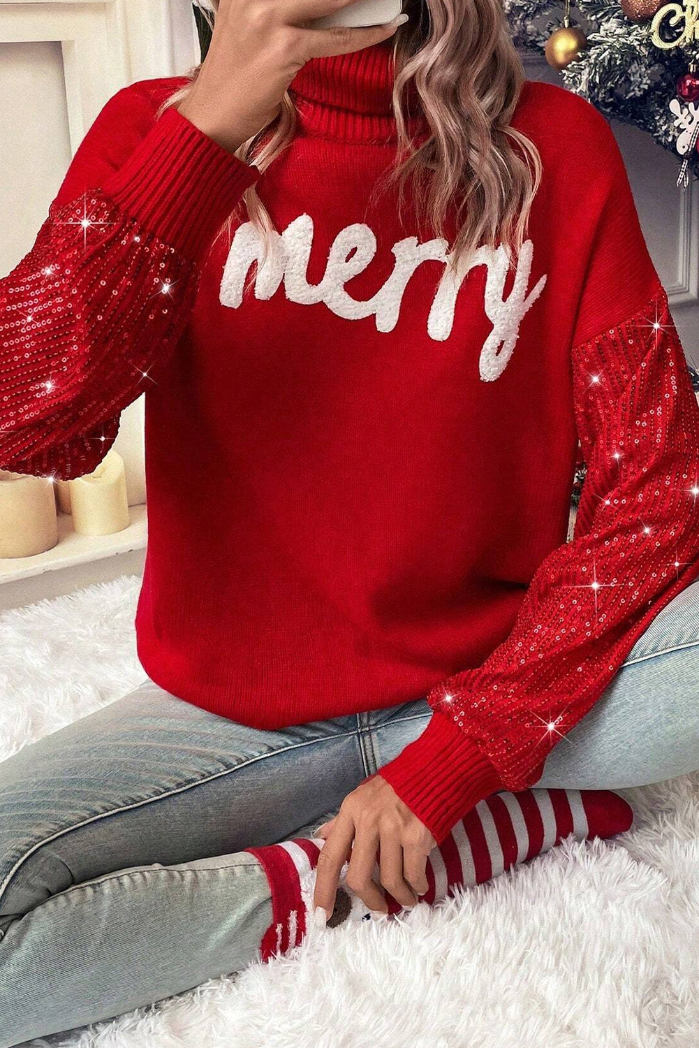 Red Merry Sequin Sleeves Christmas Turtleneck Sweater