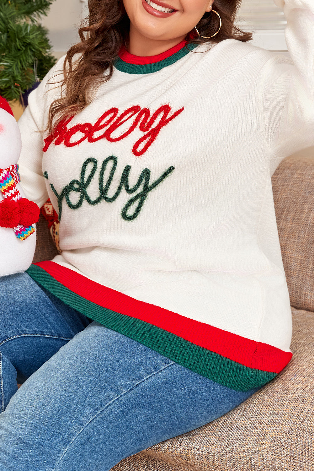 White Tinsel holly jolly Pattern Color block Edge Drop Shoulder Plus Size Sweater