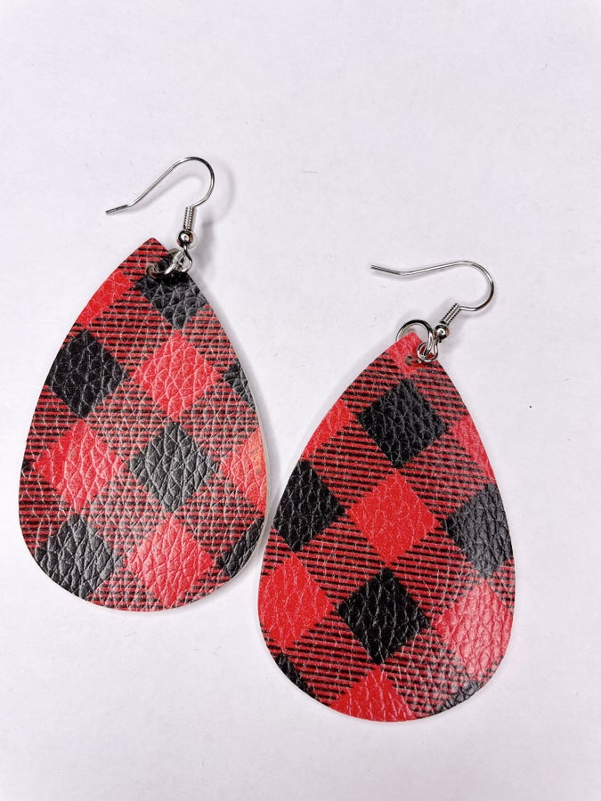 Red and Black Buffalo Check Leather Earring