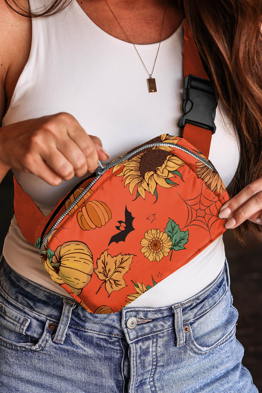 Orange Pumpkin Sunflower Halloween Graphic Crossbody Bag