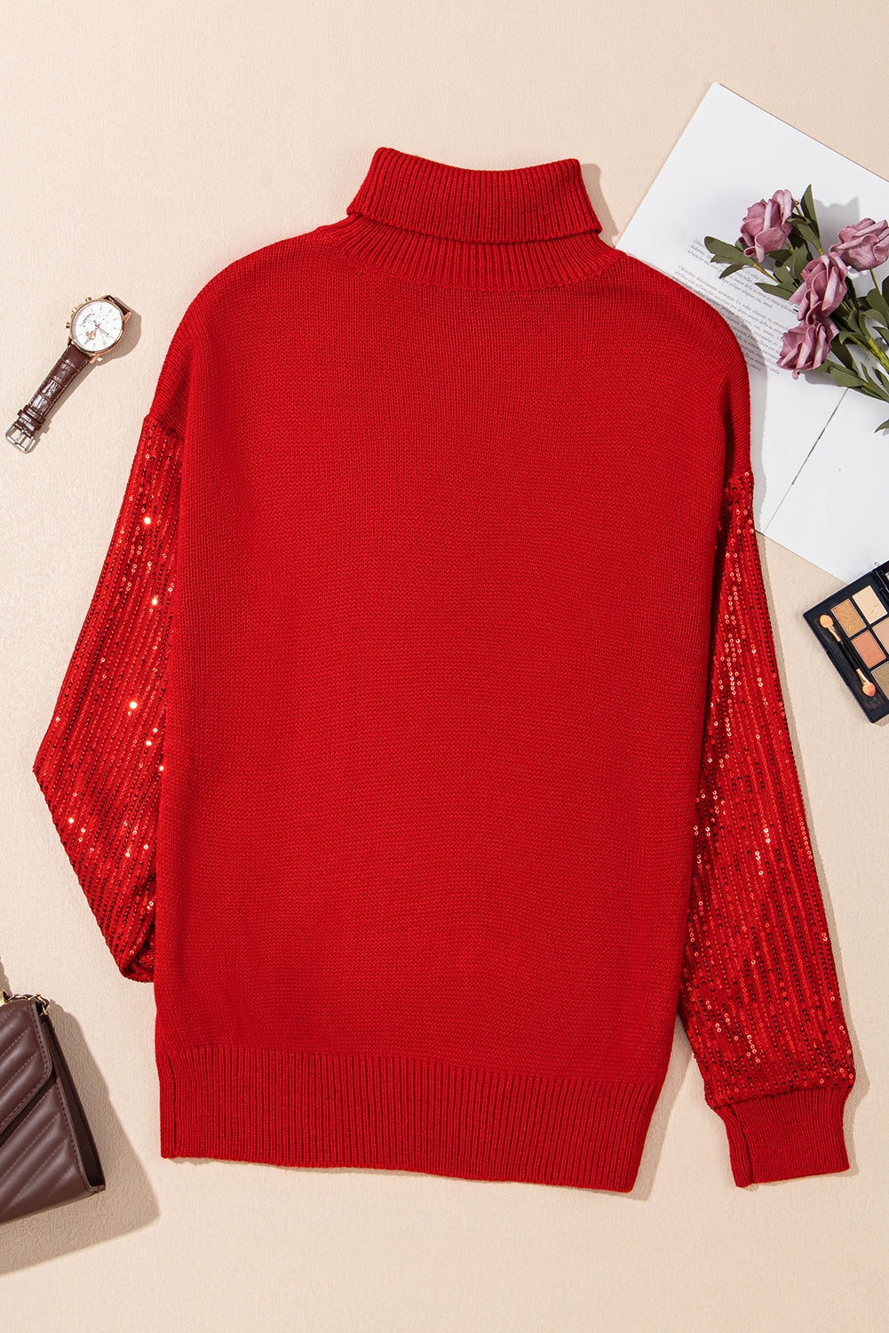 Red Merry Sequin Sleeves Christmas Turtleneck Sweater