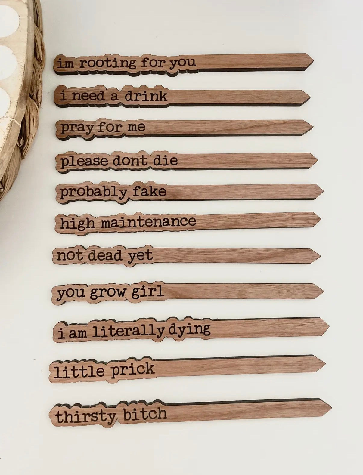 Wooden sticks with engraved phrases on a white background