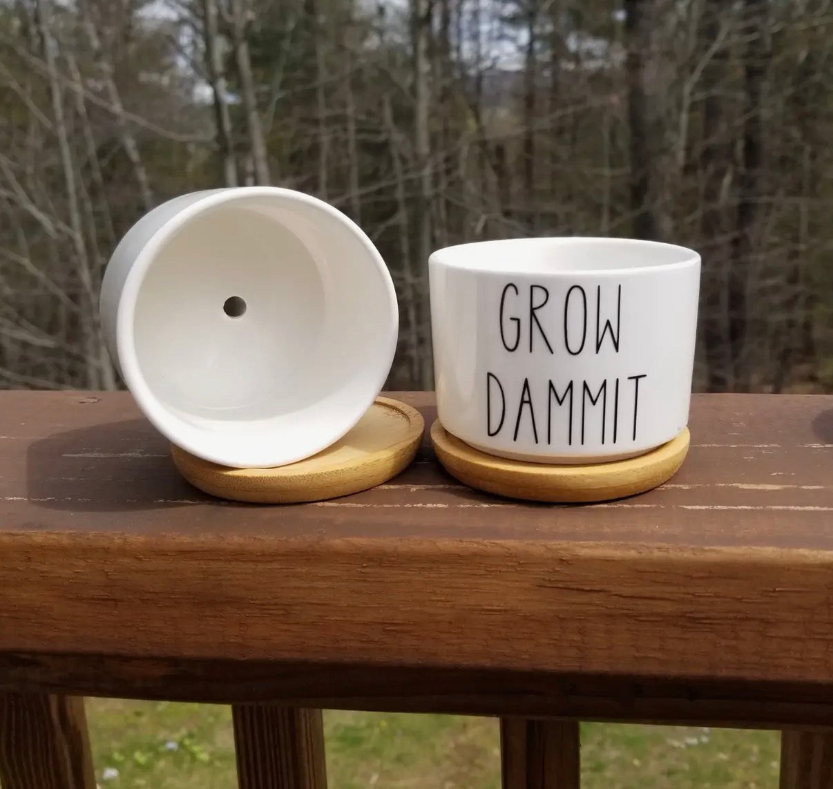 White ceramic pot with 'Grow Dammit' text on a wooden surface with a natural background.