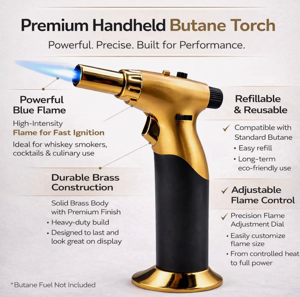 Gold and black handheld butane torch with features highlighted on a white background
