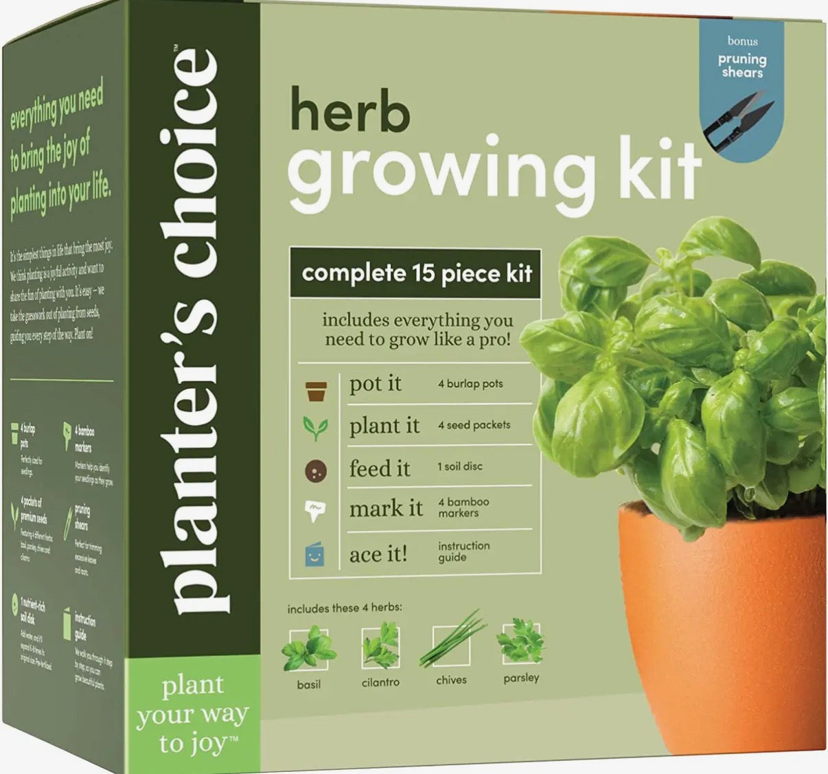 Box of Planter's Choice herb growing kit with basil plant on a light green background