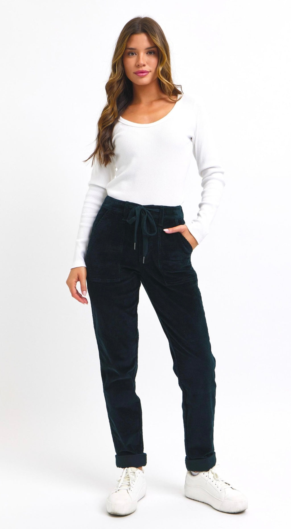 Judy Blue High Waist Corduroy Cuffed Jogger in Emerald Green