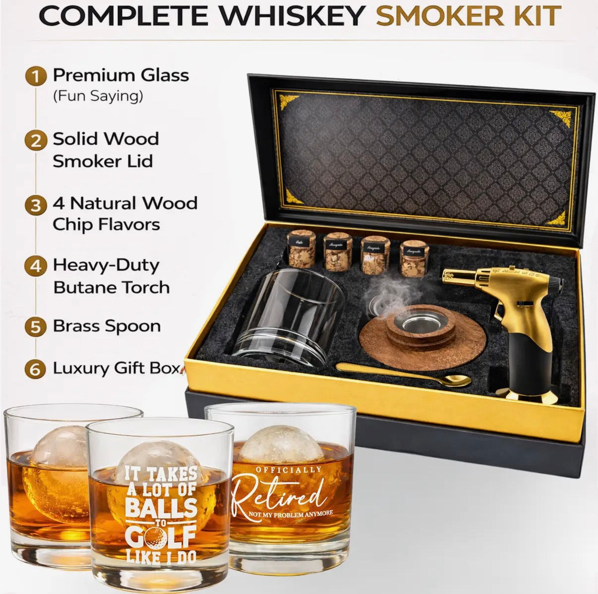 Whiskey smoker kit with torch and golf glass
