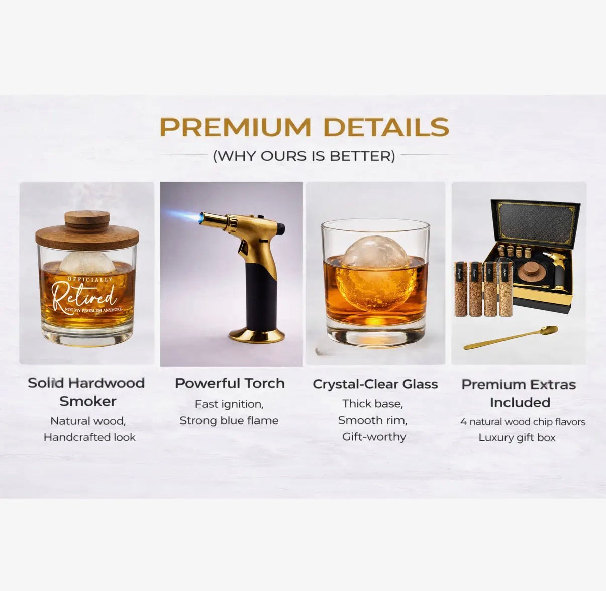 Product features including a smoker, torch, glass with ice, and packaging on a white background.