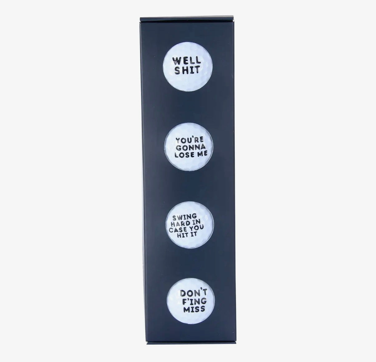 Box of golf balls with humorous text on a white background
