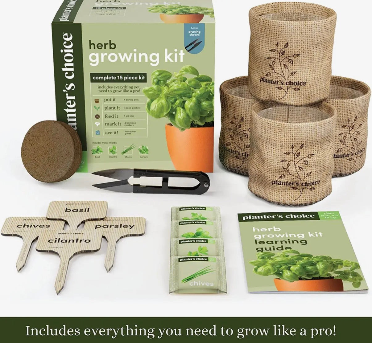Herb growing kit with packaging, pots, labels, and guide on a white background
