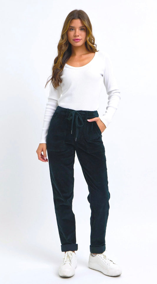 Judy Blue High Waist Corduroy Cuffed Jogger in Emerald Green