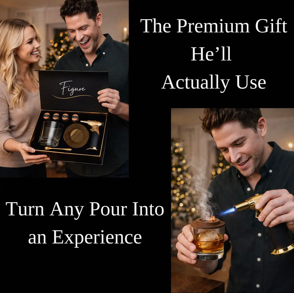 Man using a butane torch to light a glass with a smoking object, with text about a premium gift.