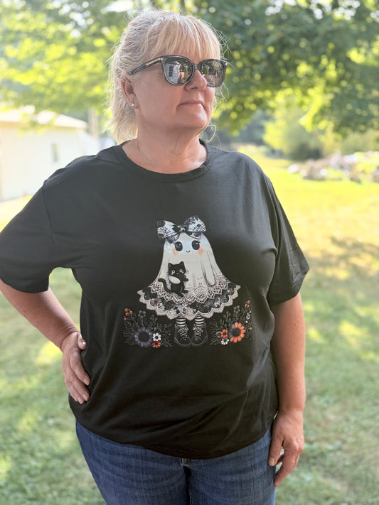 Cute Ghost and Kitty Halloween Graphic Tee