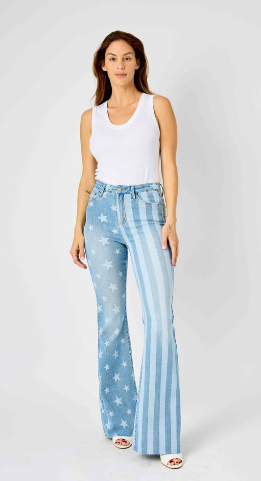 Judy Blue HIGH WAIST STARS AND STRIPES BLEACH FLARE