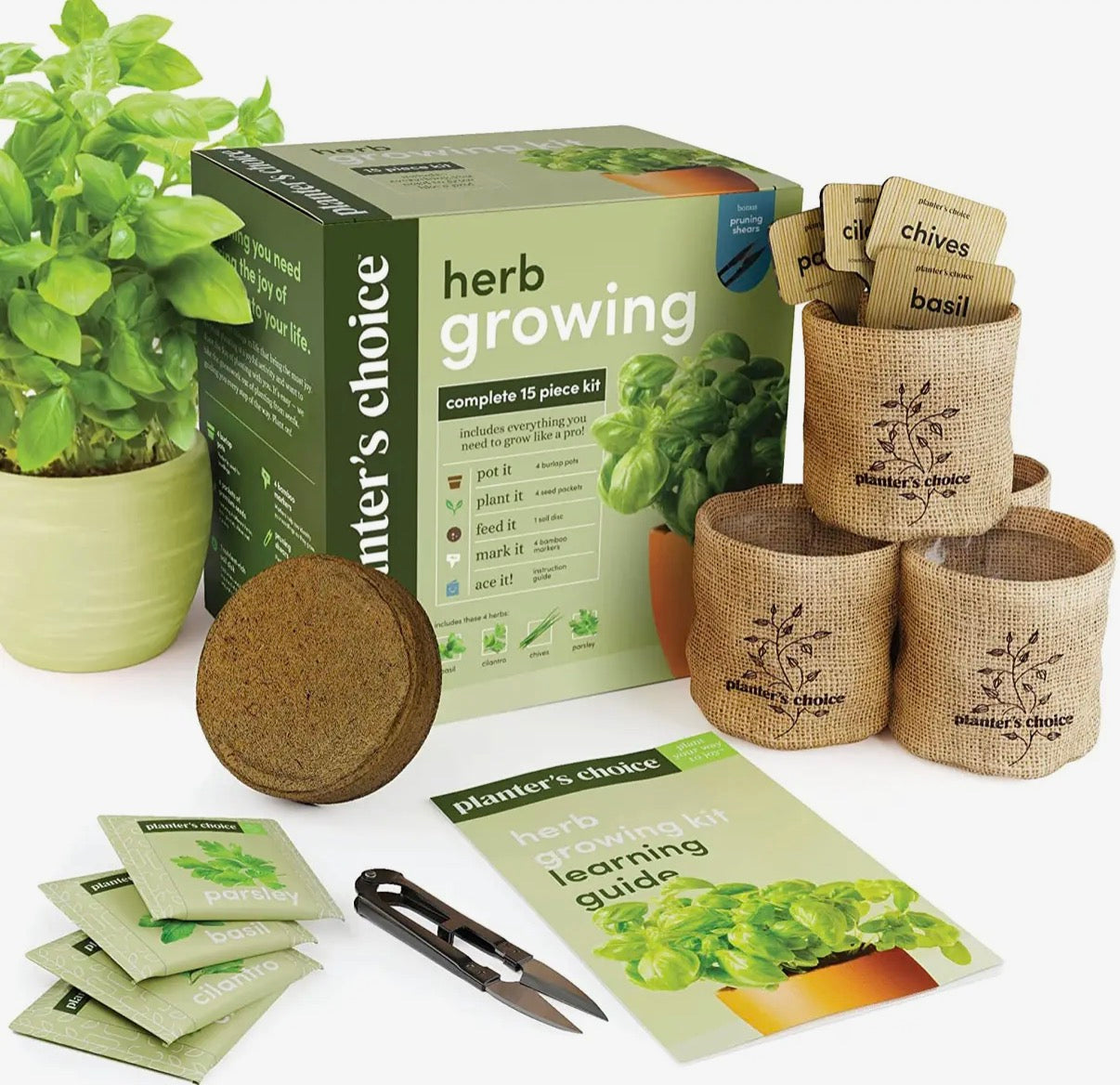Herb growing kit with plants, packaging, and tools on a white background