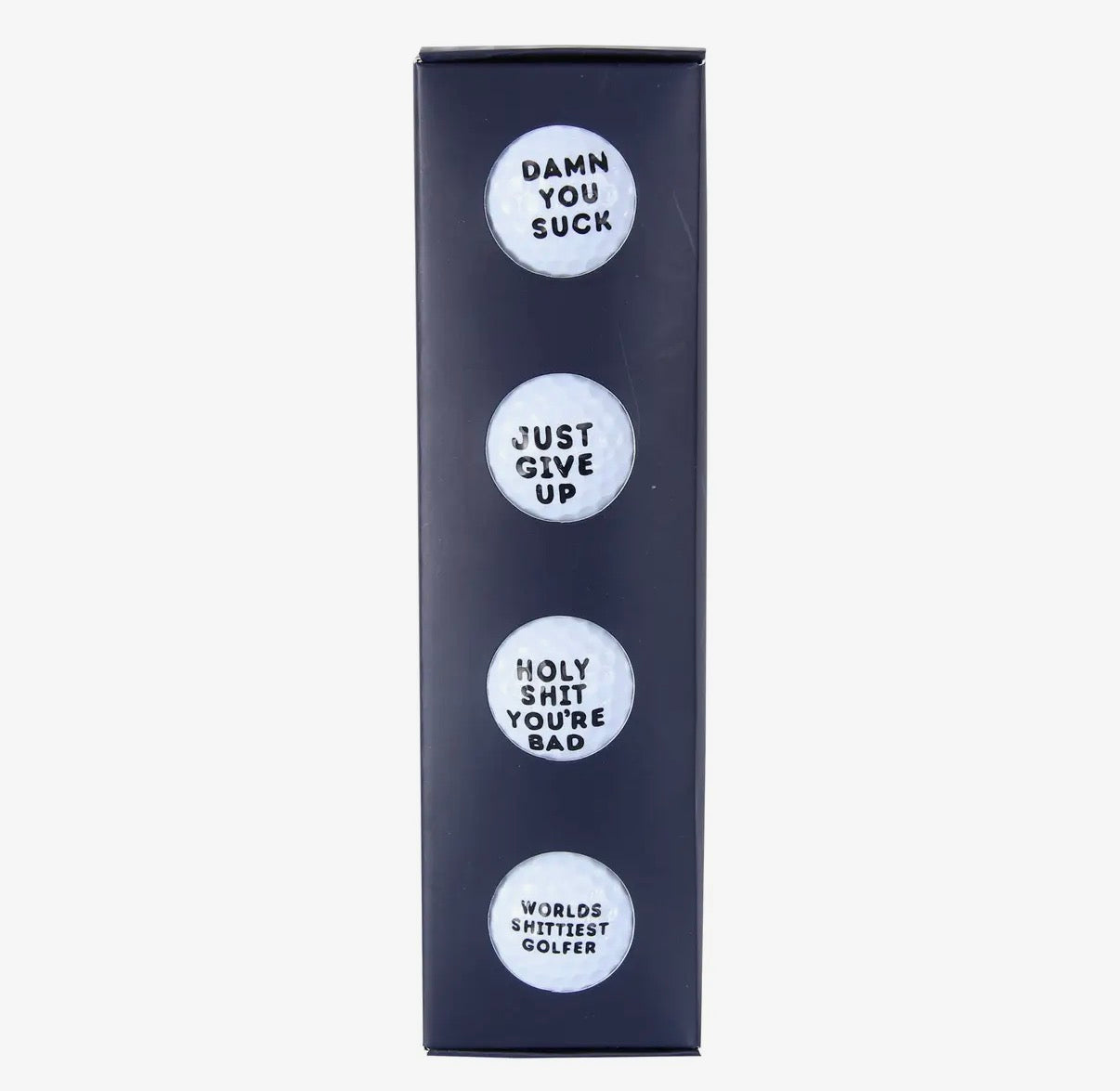 Box of golf balls with humorous text on a white background