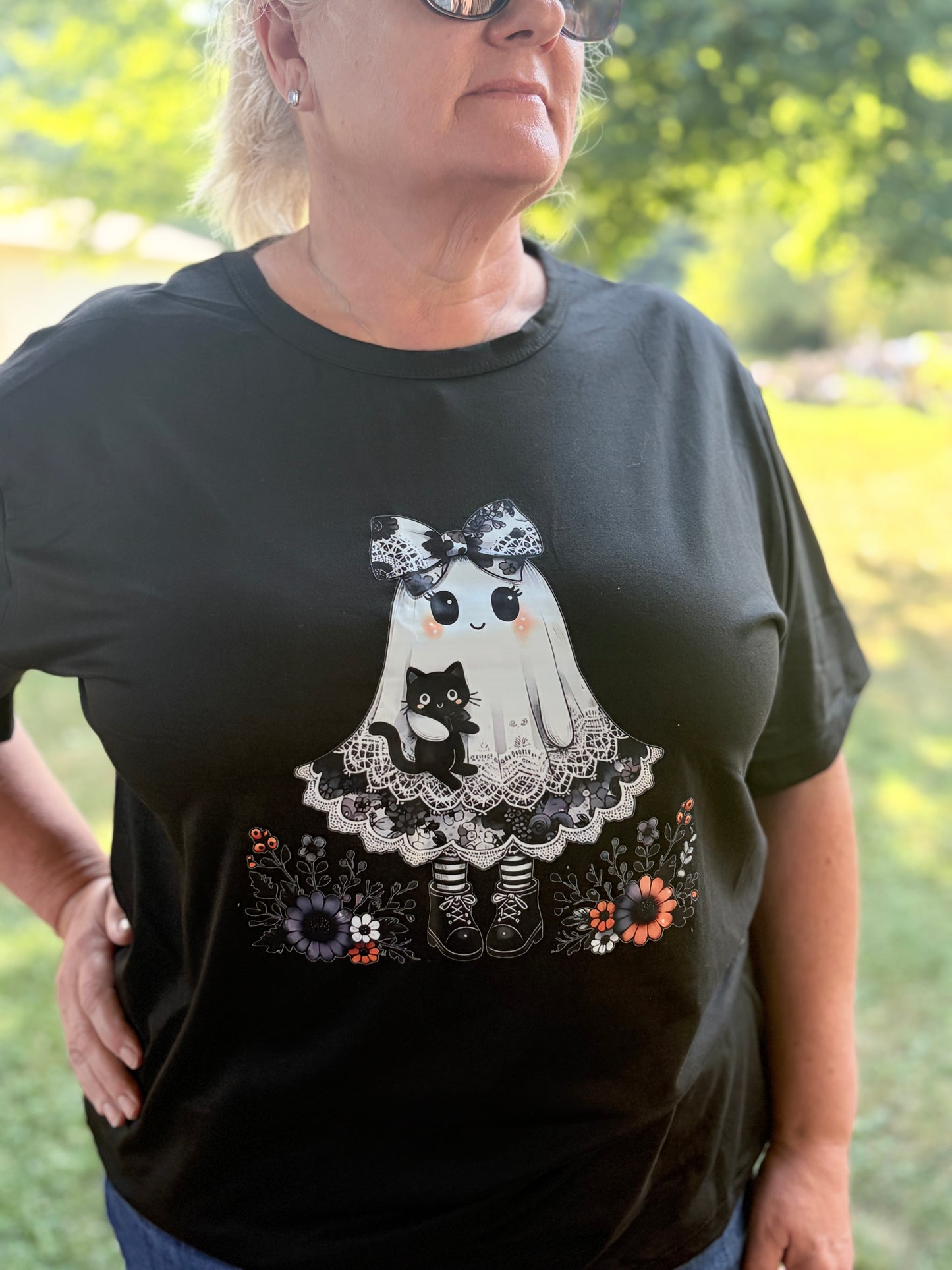 Cute Gohst and Kitty Halloween Graphic Tee