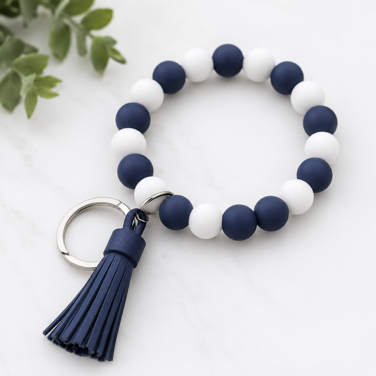 Navy Blue & White Silicone Bead Wristlet Keychain