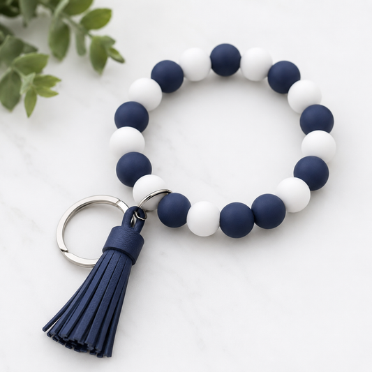 Navy Blue & White Silicone Bead Wristlet Keychain