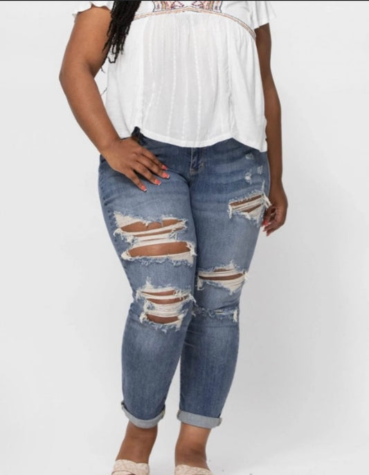 Judy Blue Mid Rise Straight Leg Distressed Jeans