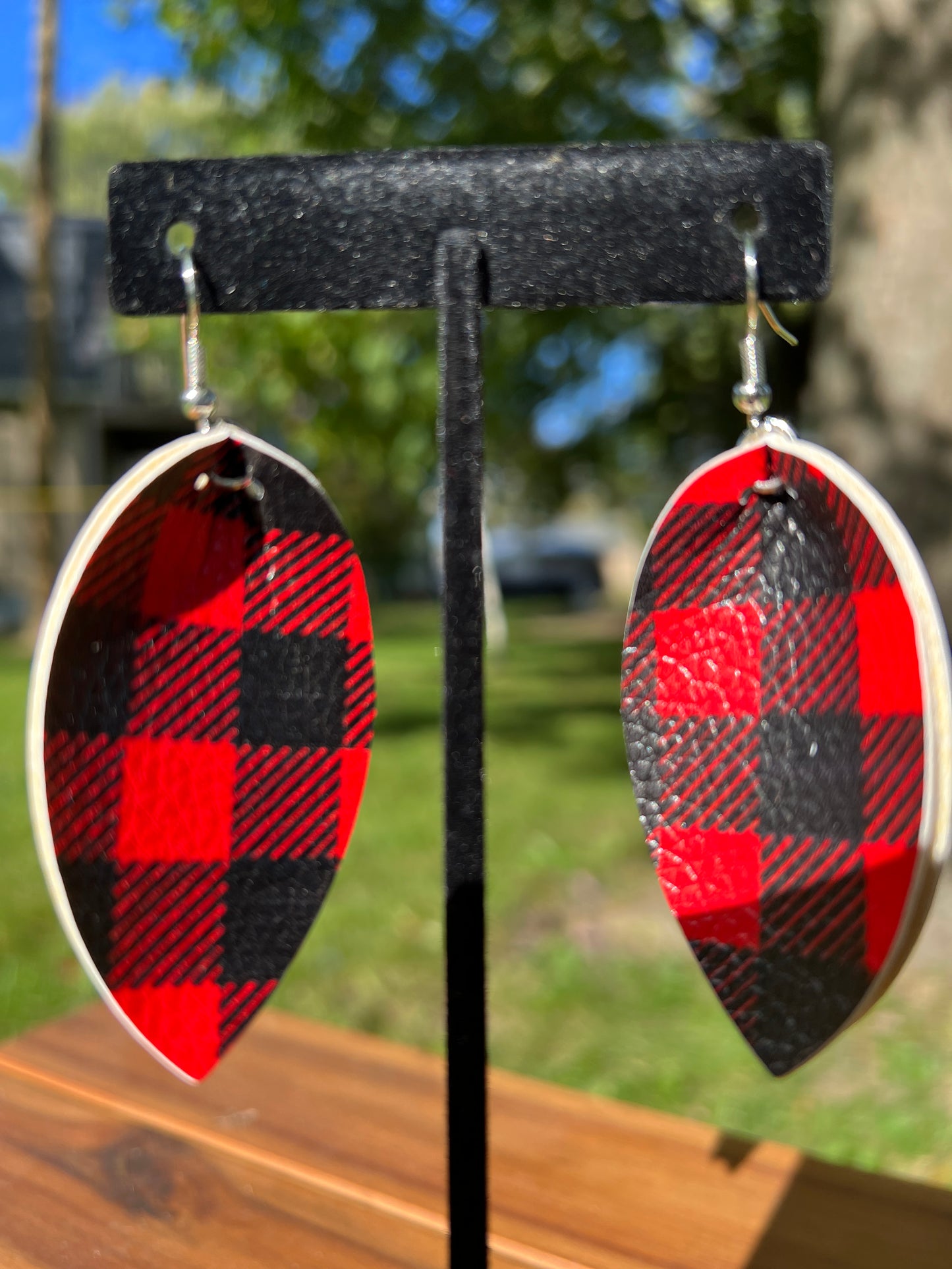 Red & Black Buffalo Check Leaf Leather Earring