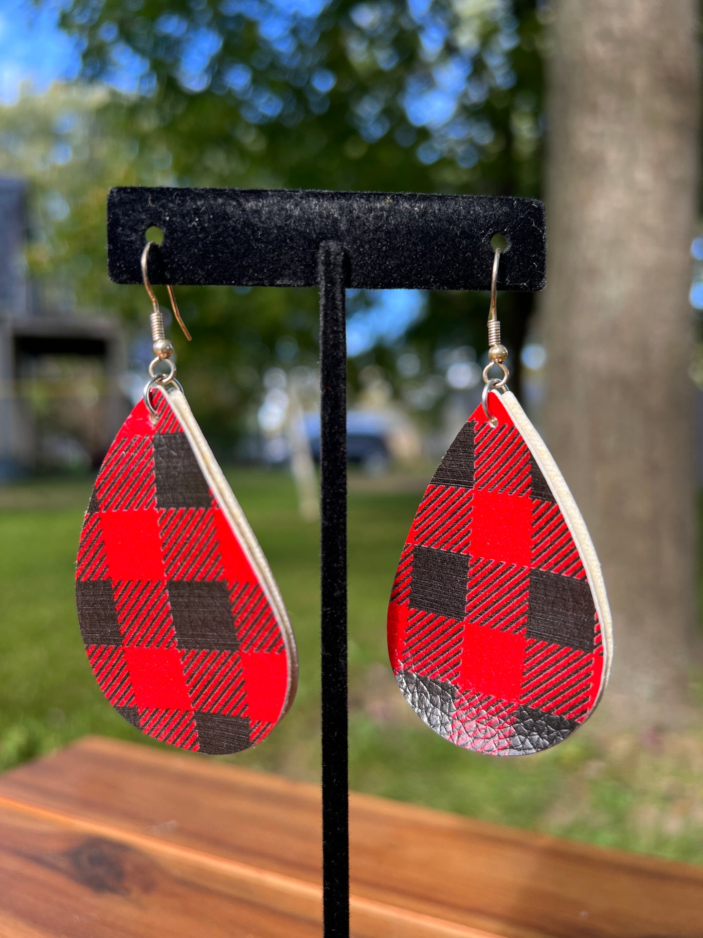 Red and Black Buffalo Check Leather Earring