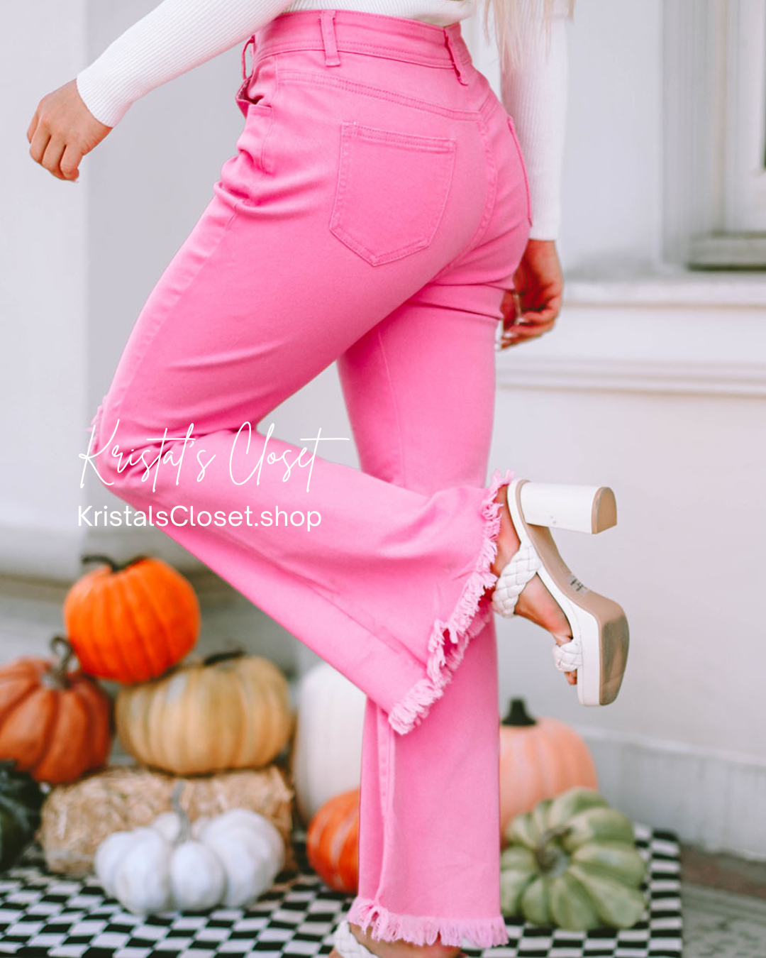 Pink High Waist Flare Leg Ripped Raw Hem Jeans