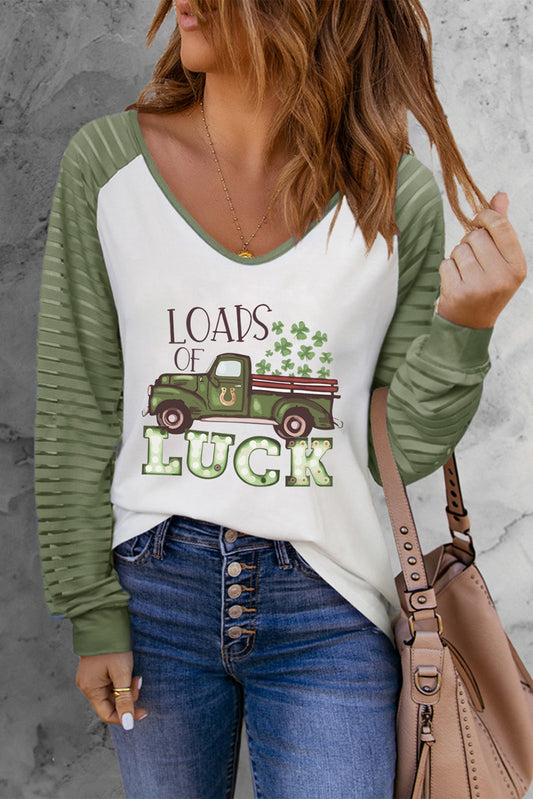 Green LOADS OF LUCK Shamrock Car Print Long Sleeve Top